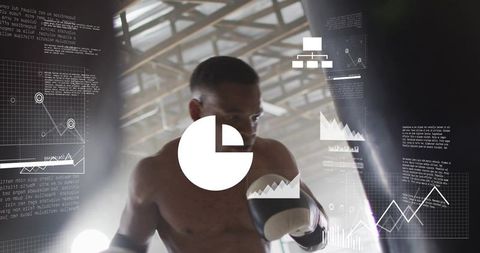 Boxer training with augmented data overlay showing performance charts and analytics