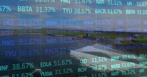 Overlaying stock ticker on coastal aerial view showing percent figures and data grid
