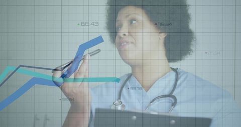 Nurse using smartphone in clinic with data chart overlays