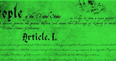 This animation shows the written text of the United States Constitution moving across a vibrant green background. It features styled, vintage script to represent the historical importance and foundational principles of American law. Ideal for educational videos, documentaries, and presentations focused on U.S. history, foundational government laws, or citizenship education.