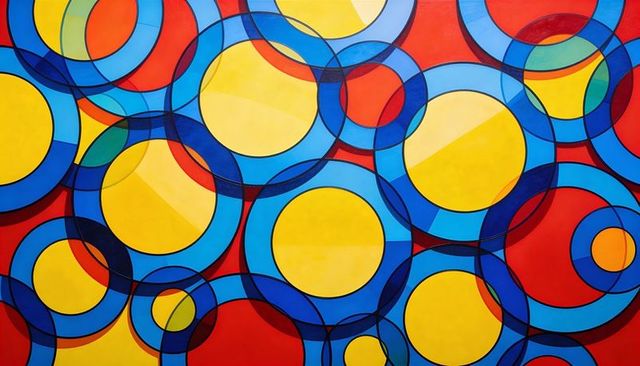 Vibrant Geometric Circles Mural with Layered Blue Rings and Bold Yellow Centers, Tessellated Art