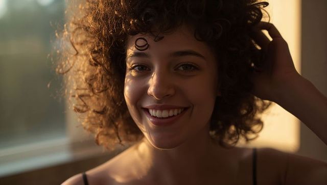 Smiling woman with tight curls touching hair by window in warm golden light