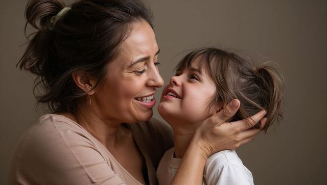 Mother embracing daughter in warm closeup portrait showing tender family love and joy