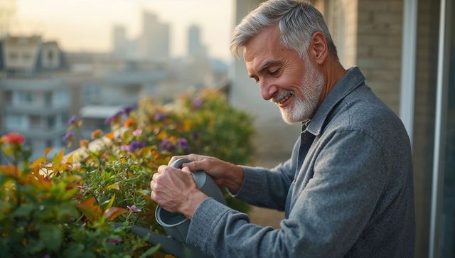 Senior man watering balcony flowers at sunrise, urban apartment gardening and wellbeing