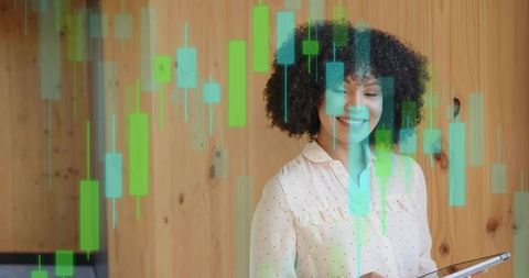 Smiling Professional Engaging with Digital Candlestick Charts