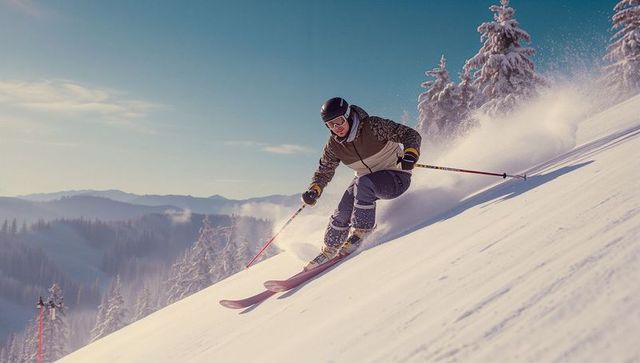Dynamic skier carving on snowy mountain slope