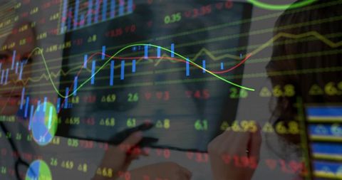 Financial charts overlaying businesswomen analyzing tablet with candlestick trading data