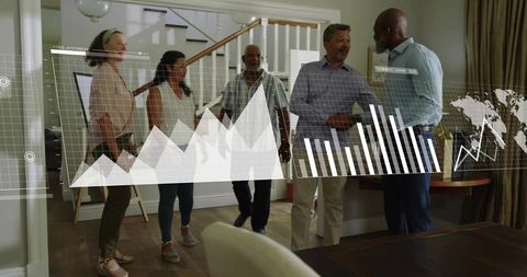 Shaking hands and networking at home with digital data overlays in warm interior