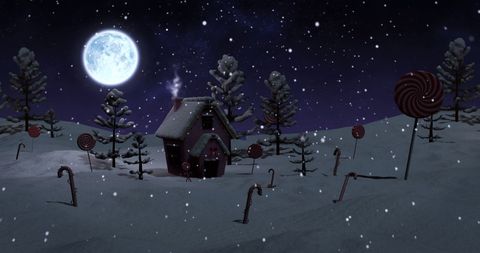 Christmas Cottage at Night with Full Moon and Candy Land Theme