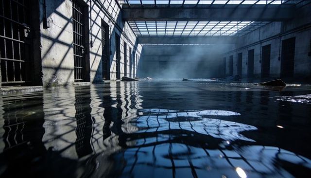 Flooded abandoned concrete corridor reflecting skylight grid and barred cell doors