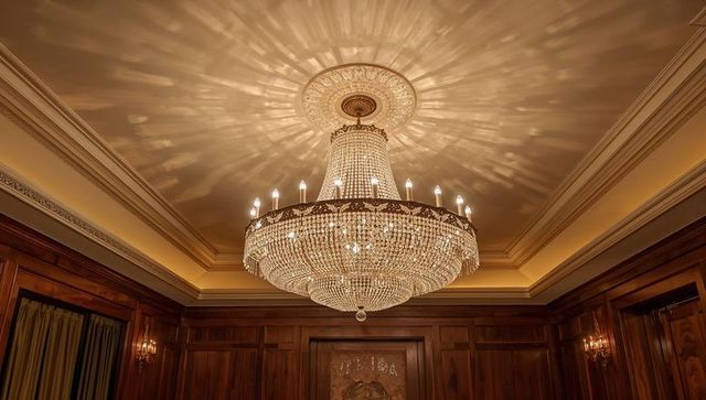Tiered crystal chandelier casting radial light and shadows in opulent wood-paneled foyer