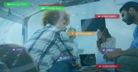 Team collaborating around laptop with social media notifications and engagement overlays