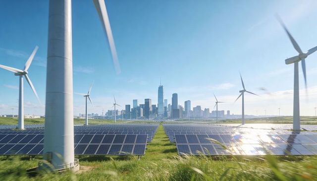 Renewable energy farm powering city skyline with solar panel arrays and wind turbines