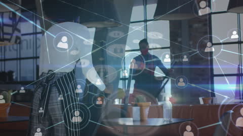 Digital Network Visualization in Modern Office with Diverse Professionals