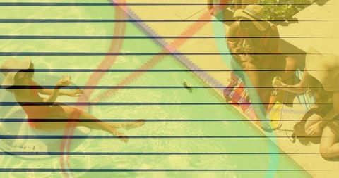 Poolside Trio Lounging on Float and Deck Wearing Sunhats and Sunglasses, Summer Lifestyle