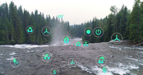 Flowing river with environmental conservation icons