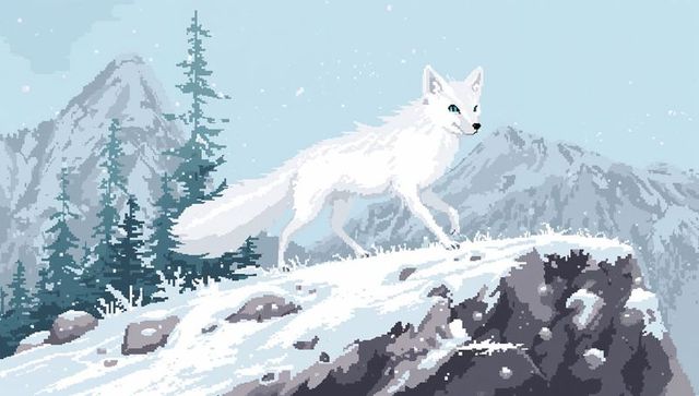 White arctic fox pixel art on snowy mountain ridge with blue eyes, winter fantasy scene