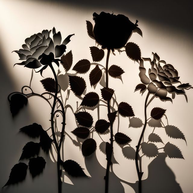 Beautiful silhouette of roses and leaves cast intricate shadows on a white wall. Perfect for artistic and nature-themed designs. Ideal for wallpapers, posters, and home decor accent pieces.