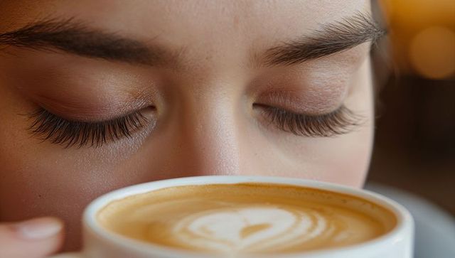 Woman Savoring Latte Aroma With Closed Eyes and Long Eyelashes Close-Up Coffee Foam