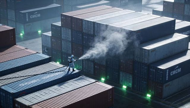 Hazmat technician spraying disinfectant on shipping containers at industrial port terminal