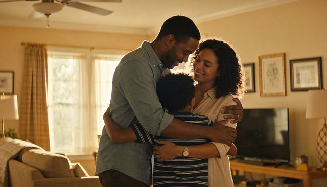 Warm family hug in sunlit living room conveying togetherness, home comfort connection