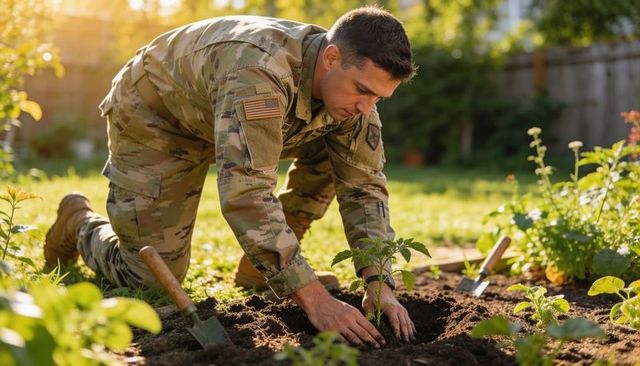 Soldier planting seedling in backyard garden wearing us camouflage uniform and boots