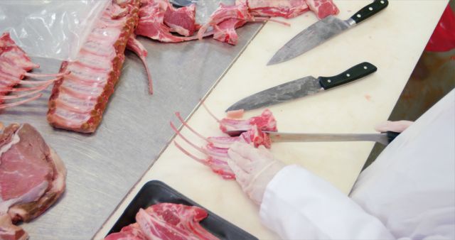 Butcher Cutting Meat Ribs with Sharp Knives on Counter - Download Free Stock Images Pikwizard.com