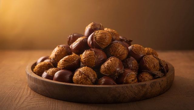 Glowing roasted chestnuts sitting on wooden platter in warm amber studio light