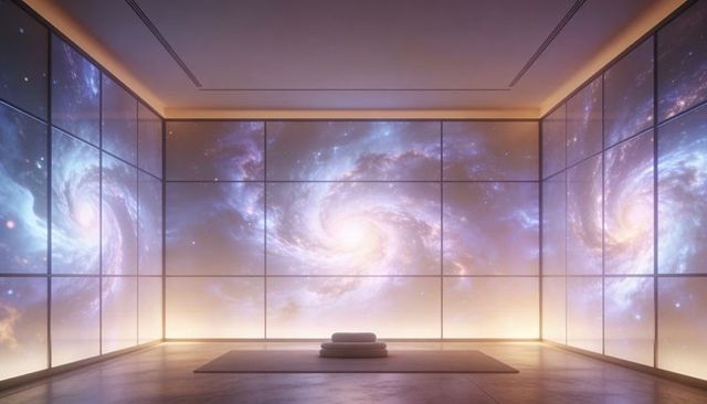 Minimalist Cosmic Meditation Studio with Panoramic Galaxy Wall Panels and Stacked Zafu