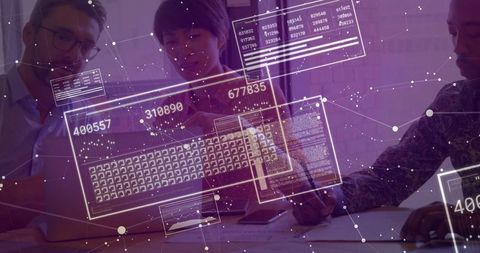 Team analyzing data with augmented reality overlays in boardroom