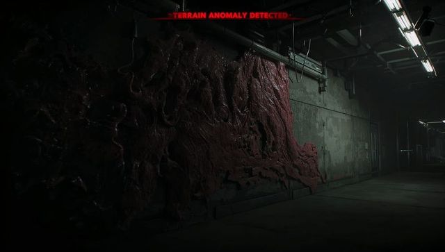 Creeping fleshy wall growth in dim industrial basement corridor with warning text overlay