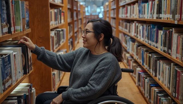 Asian woman in wheelchair selecting book in warm wooden library aisle, reading, focusing