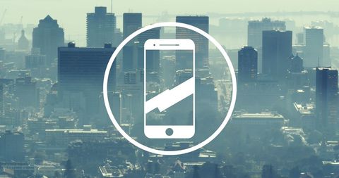 Smartphone Icon Overlay on Urban Cityscape Background