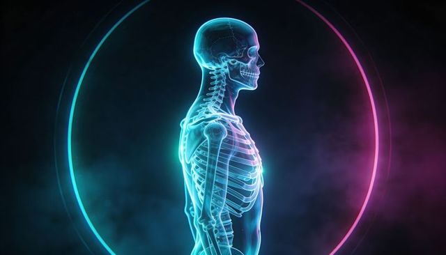 Neon holographic human skeleton profile glowing cyan magenta 3d anatomy concept futuristic