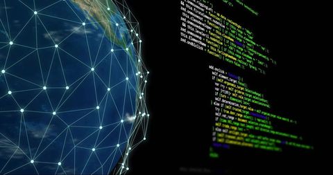 Global digital globe connecting data nodes with code overlay for cybersecurity analytics