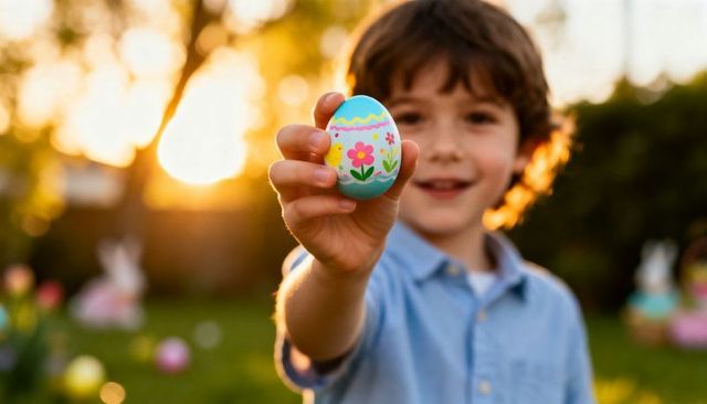 Child holding painted easter egg at golden hour backyard easter egg hunt spring celebration
