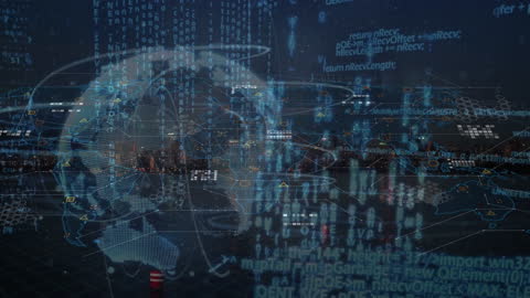 Digital Data Processing with World Map Overlay on Cityscape