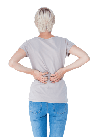 Blonde woman holding lower back in pain on transparent background