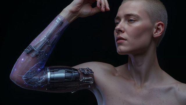 Bionic arm portrait: shaved-head woman displaying cybernetic prosthetic and neural circuits