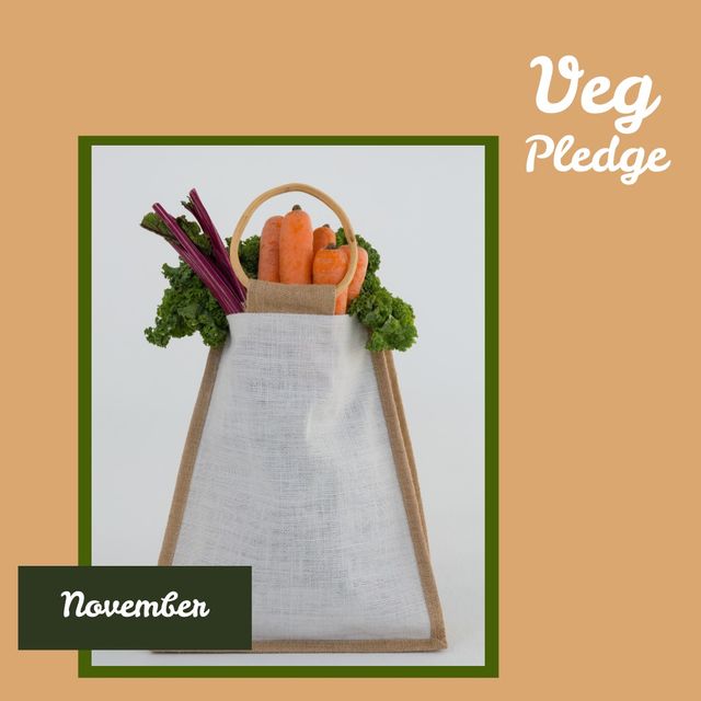 Image of shopping bag with vegetables and veg pledge on orange background. Vegetarian diet, healthy eating and veg pledge concept.