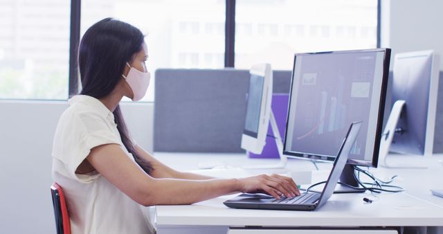Desk with businesswoman sitting in office wearing face mask for safety. She types on laptop next to large monitor showing data. Suitable for content about remote work, health guidelines, corporate, pandemic adjustments, safety, technology, blending professionalism with health precautions.