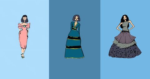 Elegant fashion models posing in chic dresses against colorful backgrounds