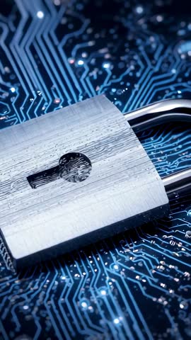 Zooming on Padlock over Glowing Circuit Board Emphasizing Cybersecurity and Data Protection