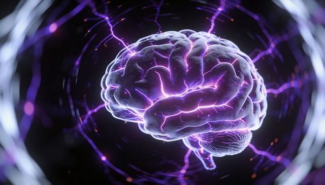 Neon pulsing brain with electric neural circuits and glowing purple cortex orbiting sparks
