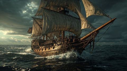 Vintage three-masted pirate ship navigating stormy ocean waters