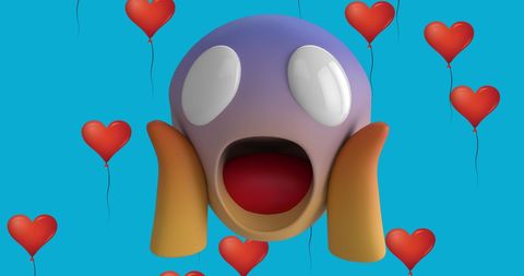 Shocked Emoji with Floating Heart Balloons on Blue Background