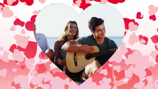 Young friends relax by the seaside, with one person playing guitar while another smiles nearby. Can be used for vacation promotions, cultural event advertising, social media content related to summer and music. Overlay of cartoon hearts adds festive and romantic touch, making it suitable for holiday or mood-themed backdrops.