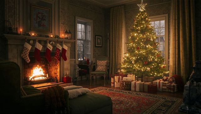 Cozy living room with decorated christmas tree illuminated by fireplace
