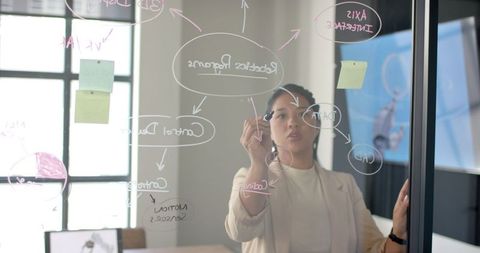 Innovative female professional brainstorming project on glass board