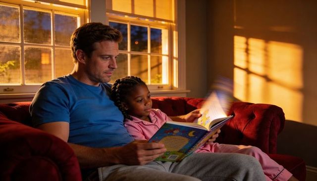 Father reading bedtime story on cozy red sofa at dusk, child leaning in pink pajamas